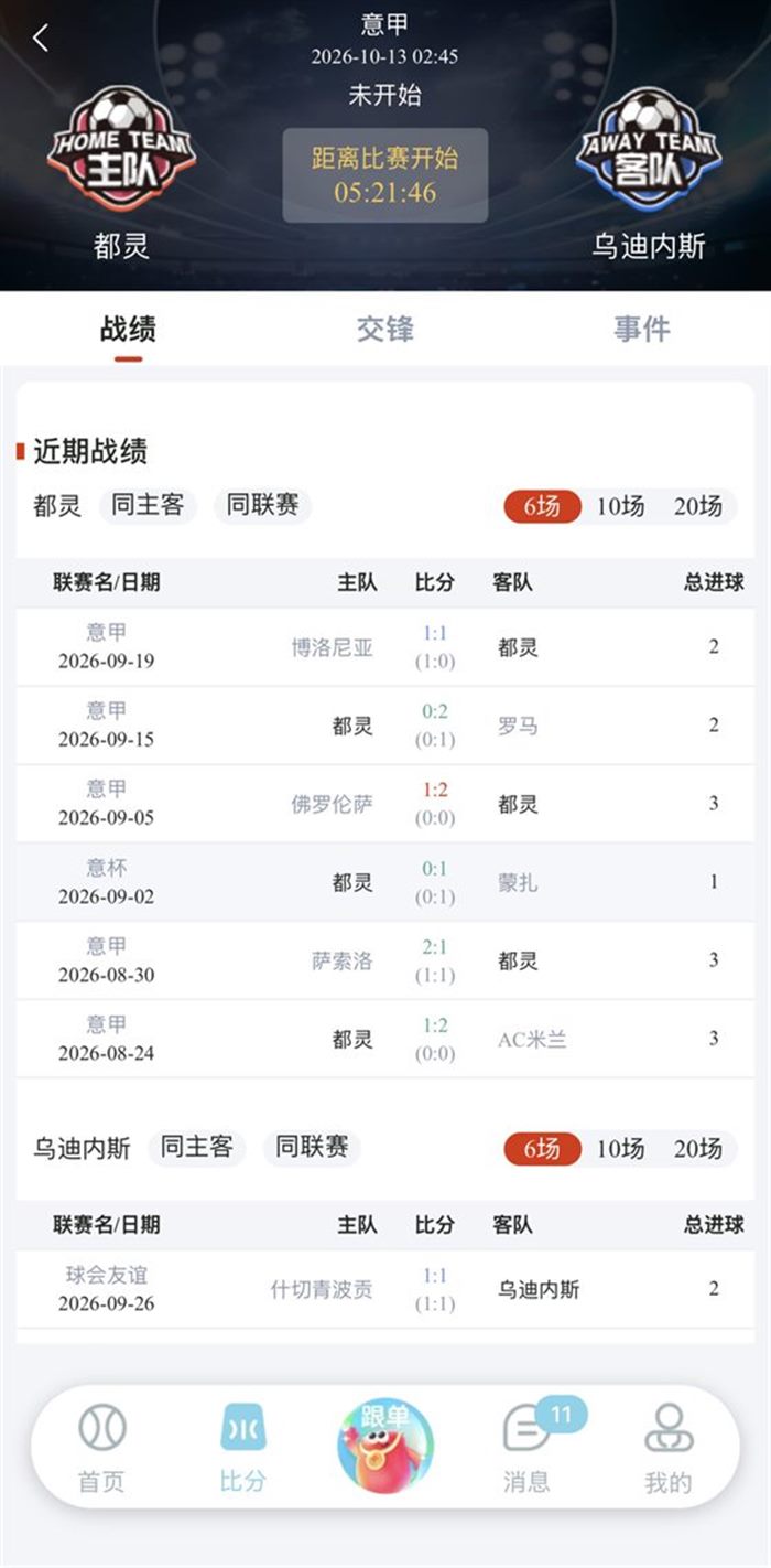 火红信使APP球队近期战绩对比页截图:联赛名、日期、主客队与总进球
